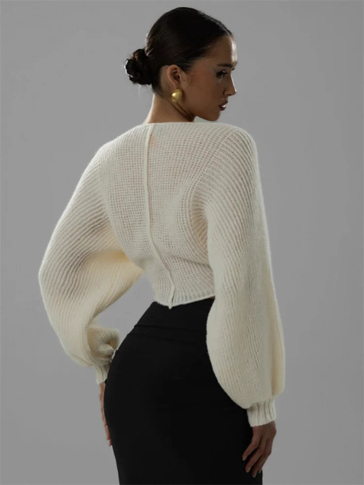 Luxury Ribbed Knit Cropped Cardigan Top – V-Neck Balloon Sleeve Sweater