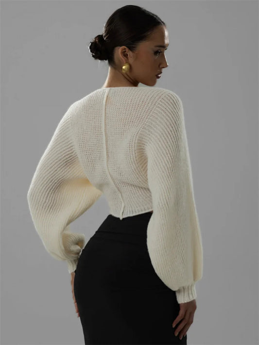 Luxury Ribbed Knit Cropped Cardigan Top – V-Neck Balloon Sleeve Sweater