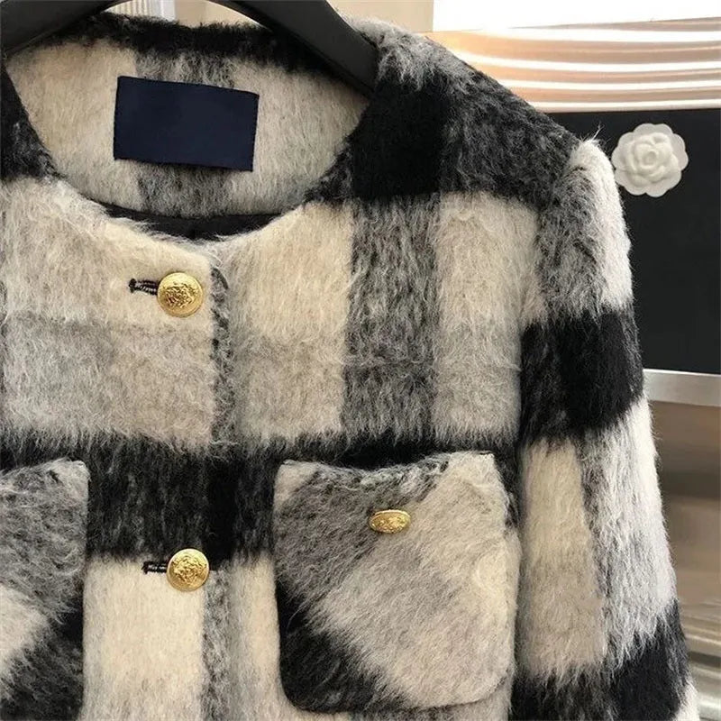 Women’s Plaid Textured Jacket with Gold Buttons – Structured O-Neck Statement Coat | Autumn Winter Luxe Outerwear