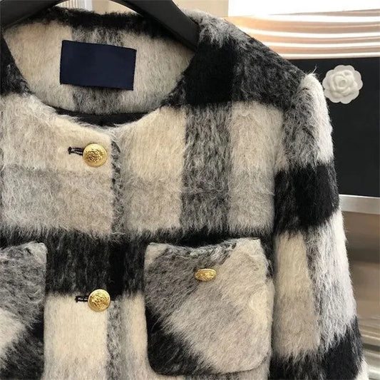 Women’s Plaid Textured Jacket with Gold Buttons – Structured O-Neck Statement Coat | Autumn Winter Luxe Outerwear
