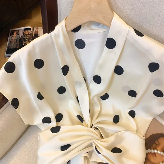 Elegant Polka Dot Tie Front Blouse – Women’s Retro V-Neck Waist Tie Top | French Chic Lightweight Luxury Blouse | Modern Blend Boutique