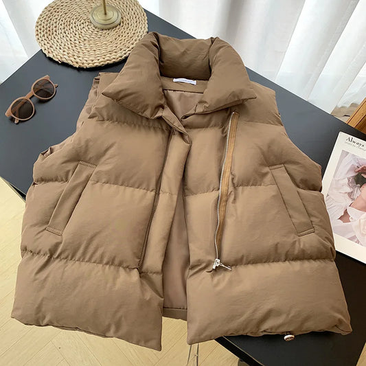 Oversized Autumn Stand Collar Elegant Down Coats/Warm Outerwear Casual Belt Sleeveless Winter Women Vests Jackets.