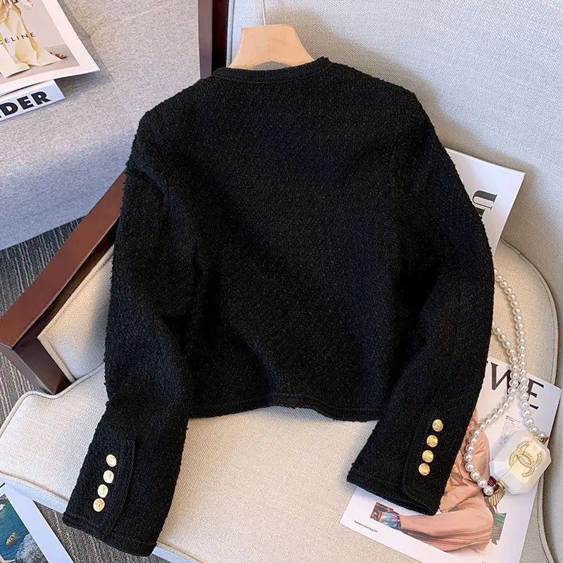 Elegant Black Tweed Jacket Women's Spring Autumn 2025 New French Style Single Breasted Short Coat Long Sleeved Slim Fit Top