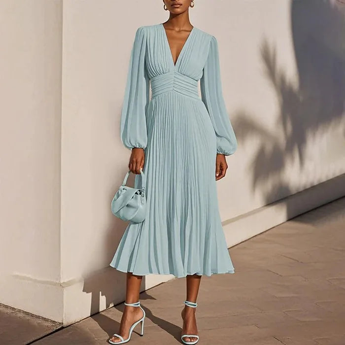 Modern Blend Boutique Elegant Pleated Maxi Dress – Long Sleeve V-Neck Evening Dress for Women | Flowing A-Line Spring Occasion Dress 2026