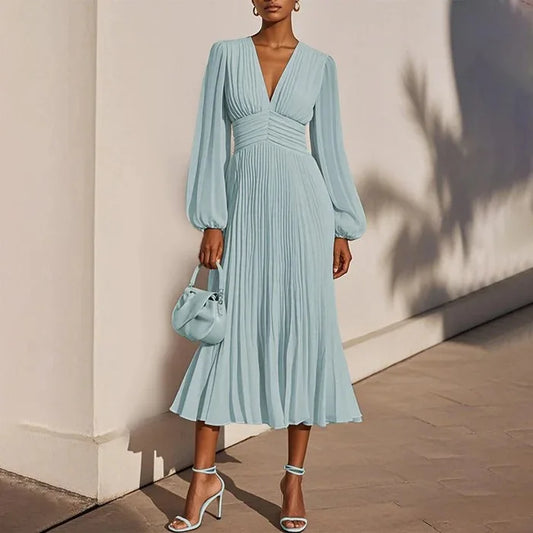 Modern Blend Boutique Elegant Pleated Maxi Dress – Long Sleeve V-Neck Evening Dress for Women | Flowing A-Line Spring Occasion Dress 2026