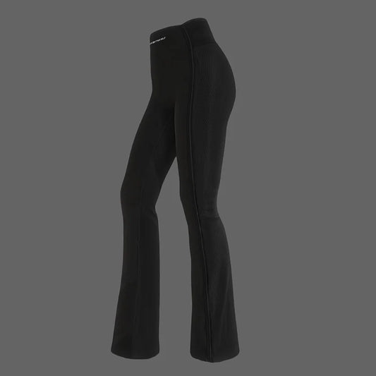 “High-waisted sculpting flare yoga pants with dual-curve construction and moisture-wicking stretch fabric.”