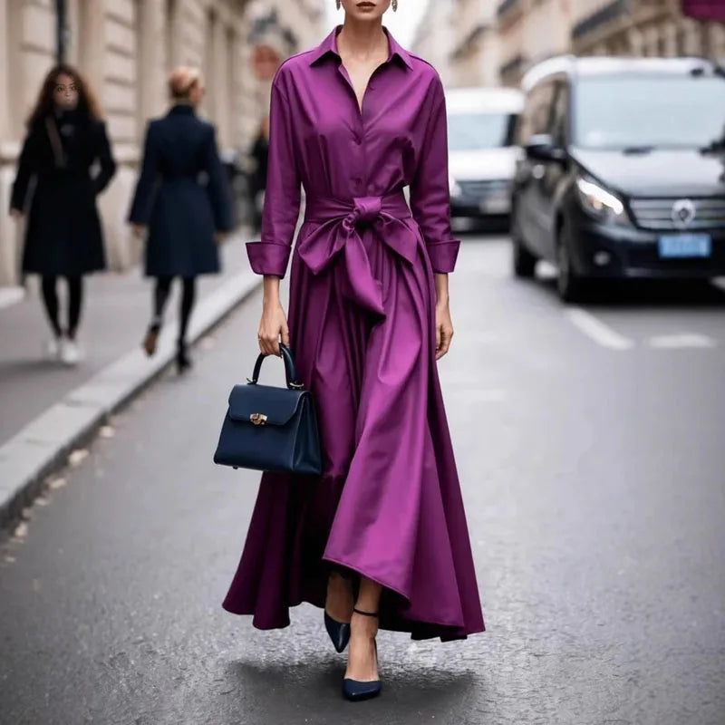 Elegant Single Breasted Bowknot Dress/Model Designed Irregular Fit/Long Sleeve Solid Maxi Dress.