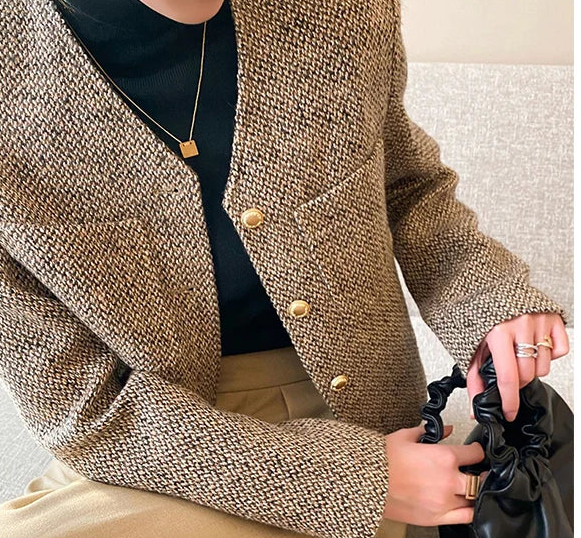 Vintage Cropped Tweed Jacket/Women Elegant Short Blazer/Autumn Single-Breasted All Match Casual Chic Outerwear.