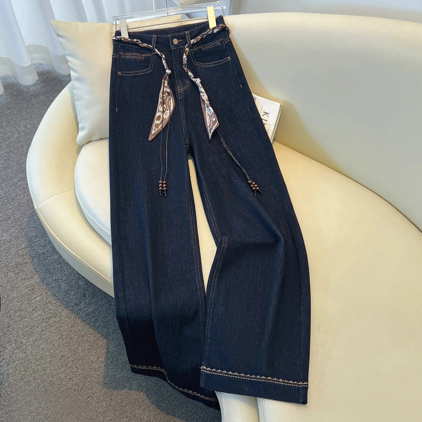 Luxury High-Waist Wide-Leg Denim Jeans with Boho Scarf Tie & Beaded Drawstring | Modern Blend Boutique