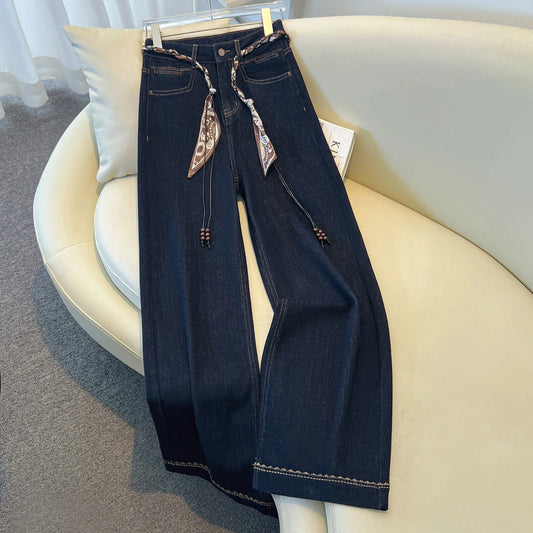 Luxury High-Waist Wide-Leg Denim Jeans with Boho Scarf Tie & Beaded Drawstring | Modern Blend Boutique