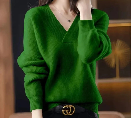 Stylish Cashmere Sweater/Women's 100% Wool Sweater/Fashion V-neck Knitted Pullover/Winter and Autumn Loose Solid Soft Sweater