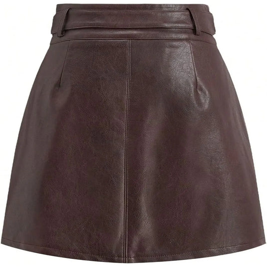 Women’s Belted Faux Leather A-Line Mini Skirt