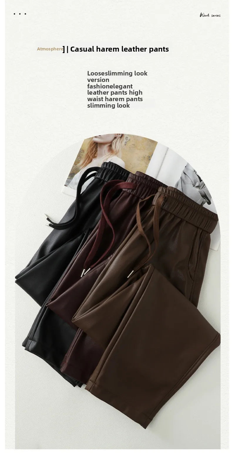 Luxury PU Leather Jogger Pants for Women – High-Waist Elastic Drawstring Wide-Leg Trousers – Comfy Chic Vegan Leather Athleisure Pants