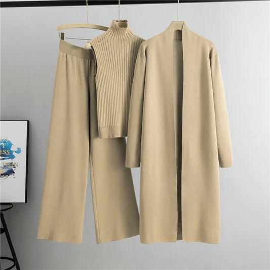 Women’s 3-Piece Knit Cardigan Set | Long Open-Front Coat, Sleeveless Turtleneck Top & Wide-Leg Pants | Fall Winter Lounge & Office Outfit