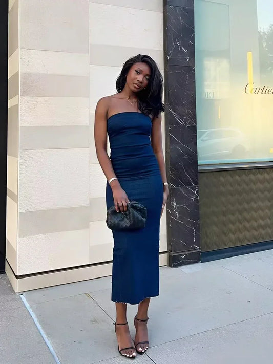 The Denim Muse Strapless Midi Dress