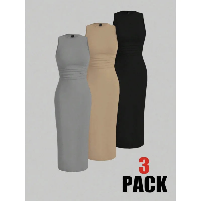 Modern Blend Boutique | Sculpted Suede Midi Dress – High Neck Bodycon Waist Cinch Elegant Minimalist Dress (3 Color Set Available, In packs)