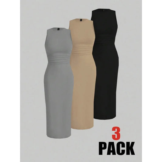 Modern Blend Boutique | Sculpted Suede Midi Dress – High Neck Bodycon Waist Cinch Elegant Minimalist Dress (3 Color Set Available, In packs)