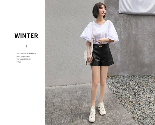 Luxury High-Waisted Faux Leather Tailored Shorts – Structured Designer-Inspired Statement Piece