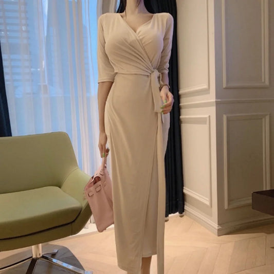 Slimming V-Neck Belted Maxi Dress.