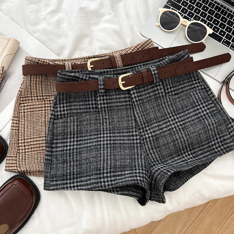 Women’s Mid-Waist Wool Blend Plaid Shorts – Autumn Winter Streetwear Short Pants
