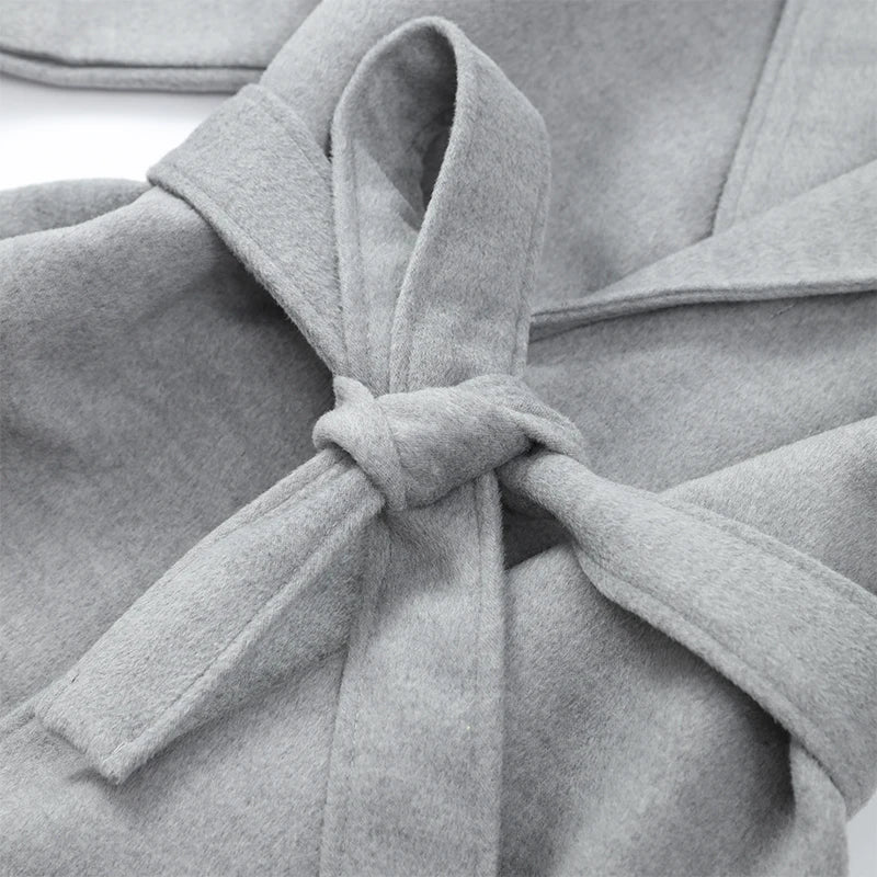 Elegant Lace-Up Woolen Short Coat for Women – Solid Loose Lapel Jacket with Furry Belt, Long Sleeve Chic Cardigan (Autumn Winter 2025)