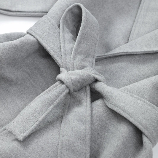 Elegant Lace-Up Woolen Short Coat for Women – Solid Loose Lapel Jacket with Furry Belt, Long Sleeve Chic Cardigan (Autumn Winter 2025)