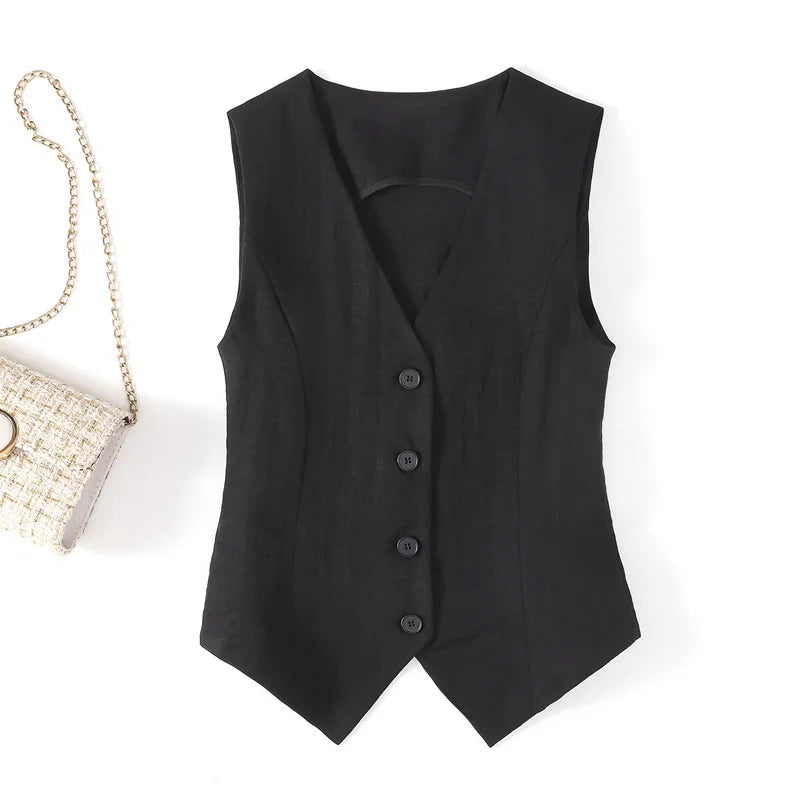 Modern Button Down Linen waistcoat/High end slim-fit short sleeveless suit V-neck vest clip