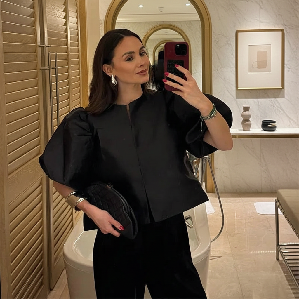 Solid Puffed Up Satin Blouse/Stylish Balloon Sleeved O~Neck Design/Single Breasted Loose Fitted Blouse.