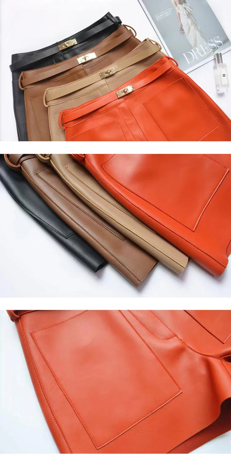 Real Sheepskin Leather Shorts for Women – 2026 New Arrival Casual Genuine Leather Shorts with White Belt, High-Quality Sheepskin, Versatile Summer & Street Style