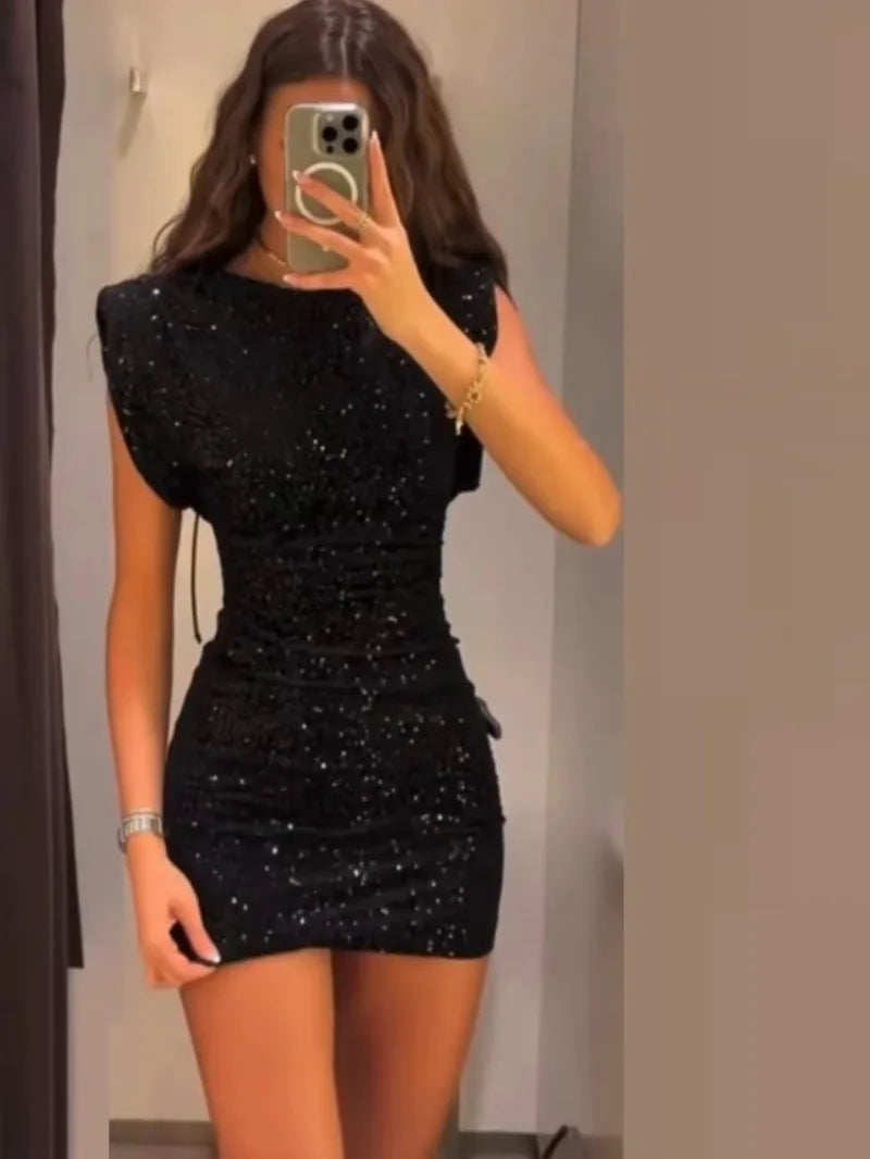 Night Out Sequined Party Dress/Sleeveless Pad Bead Mini Dress/Wide Shoulder Pullover Dress.
