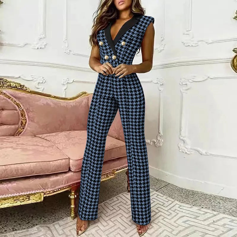 Classy Buttoned Sleeveless Jumpsuit/Houndstooth Printed Jumpsuit/Deep V-Neck Buttoned/Straight Jumpsuit New Elegant Commuting.