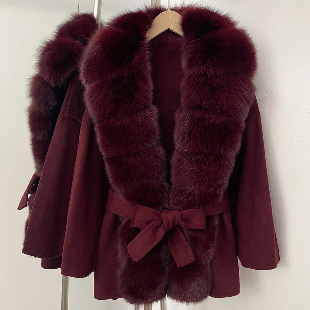 Woolen Blended Winter Coat’s/Female New Fox Fur Coat/Autumn Woolen Coat/Real Fur Collar/Women Warm Clothing.