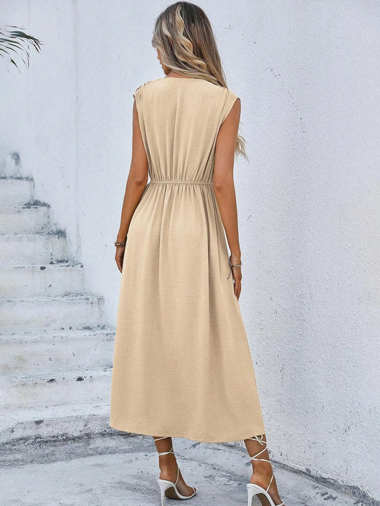 Elegant Sleeveless Waist Tie Midi Dress for Women – Romantic Vacation A-Line Summer Dress | Casual Chic Date Night Outfit | Modern Blend Boutique