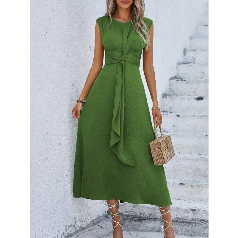 Elegant Sleeveless Waist Tie Midi Dress for Women – Romantic Vacation A-Line Summer Dress | Casual Chic Date Night Outfit | Modern Blend Boutique