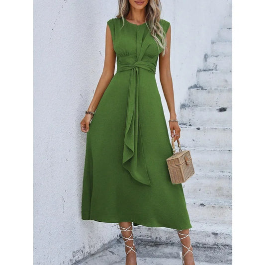 Elegant Sleeveless Waist Tie Midi Dress for Women – Romantic Vacation A-Line Summer Dress | Casual Chic Date Night Outfit | Modern Blend Boutique