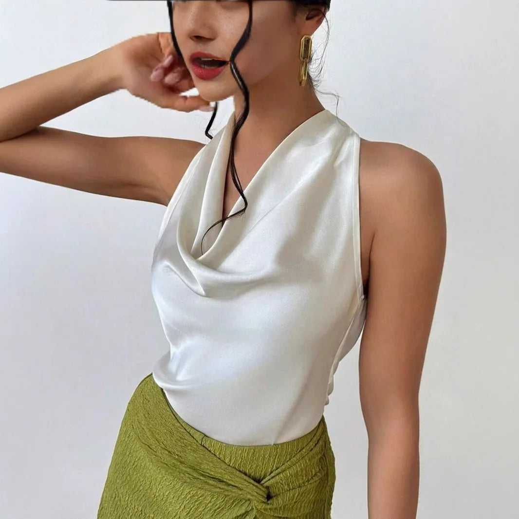 Elegant Satin Halter Blouse for Women – Sleeveless Bow Neck Office Lady Top