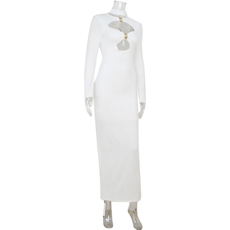 Elegant Cut-Out White Bodycon Maxi Dress – Long Sleeve High Neck Evening Dress for Women