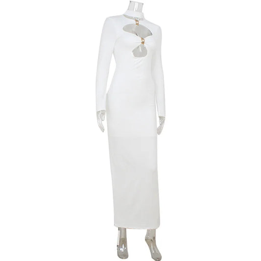 Elegant Cut-Out White Bodycon Maxi Dress – Long Sleeve High Neck Evening Dress for Women