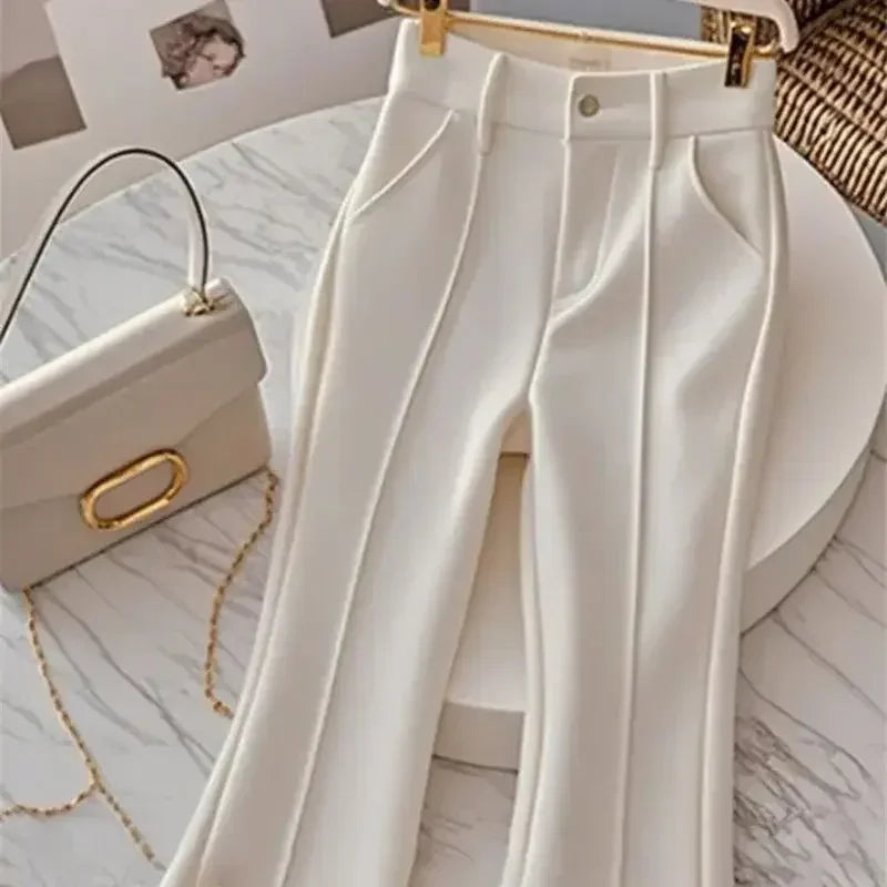 New Luxury Slim Pant’s/High End Fashion Design Button’s/Elegant White Flared Trouser’s/High Waist Lady Bottom Wear.