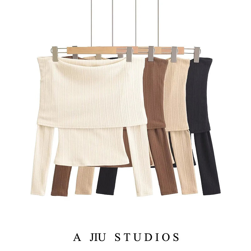 Long Sleeved Knitted Blouse/One Shoulder Design Blouse/Women's Slim Fit Slim Top/V ersatile Commute Style.