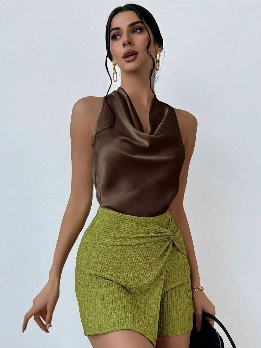 Elegant Satin Halter Blouse for Women – Sleeveless Bow Neck Office Lady Top