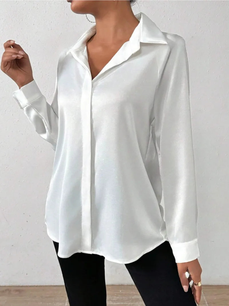 Satin Like Silk Button Down Blouse/ Long Sleeved Slightly Stretched.
