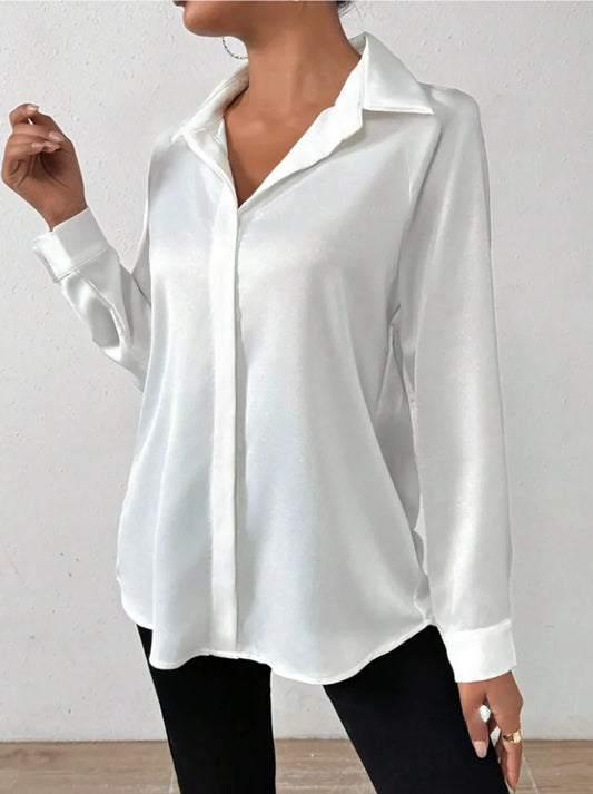 Satin Like Silk Button Down Blouse/ Long Sleeved Slightly Stretched.