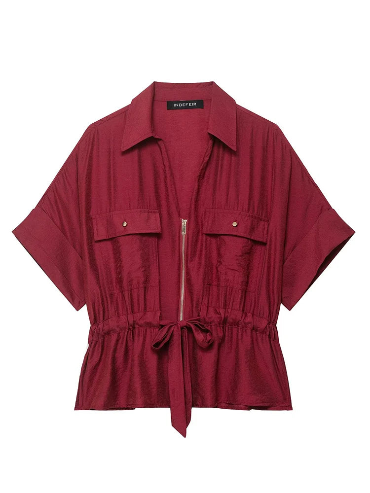 TFMLN Women Wide Leg Pant’s/2 Pieces Set’s/Short Sleeves Zipper Shirt/Straight Elastic Waist Trousers Chic Safari Style.