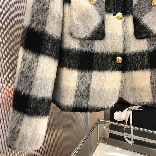 Women’s Plaid Textured Jacket with Gold Buttons – Structured O-Neck Statement Coat | Autumn Winter Luxe Outerwear