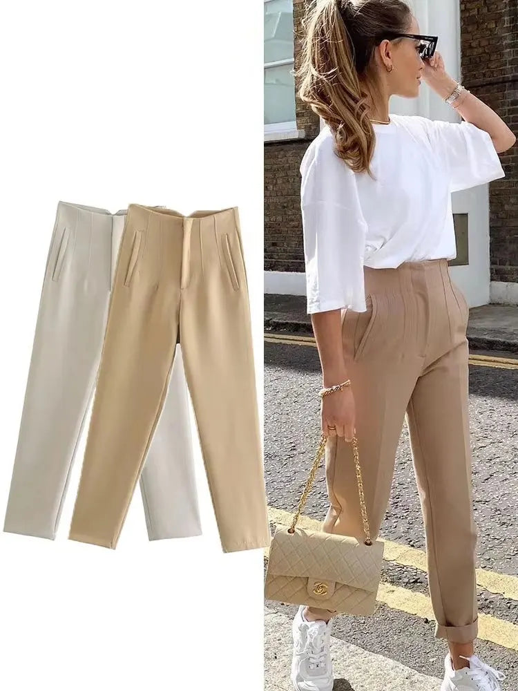 Solid HH Flat Front Pencil Pant’s/High Waist Casual Streetwear/Woven  Trouser’s Office Wear Chic Pant’s.