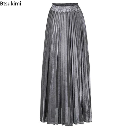 Bright Silk Metal Skirt/Color Pleated Maxi Skirt/Elastic High Rise Swing/Holiday Celebration Event.
