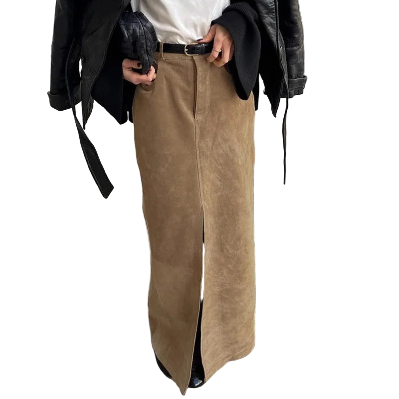 Retro Suede Skirt in Autumn Skirt’s/Women's High-grade Commuter Khaki Split Suit Skirt/Solid Slit A~Line Silhouette.