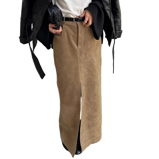 Retro Suede Skirt in Autumn Skirt’s/Women's High-grade Commuter Khaki Split Suit Skirt/Solid Slit A~Line Silhouette.