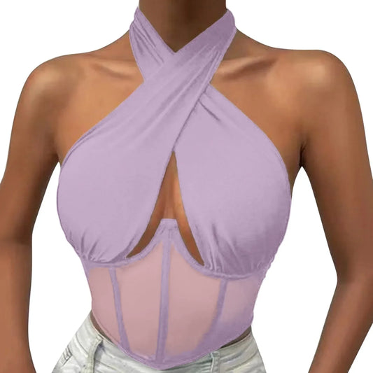 Elegant Halter Neck Mesh Corset Top for Women | Sheer Panel Wrap Neck Crop Top | Clubwear & Night Out Fashion
